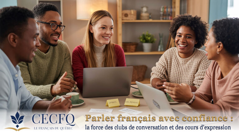 Adultes discutant et riant autour d'un ordinateur portable pendant un club de conversation en français