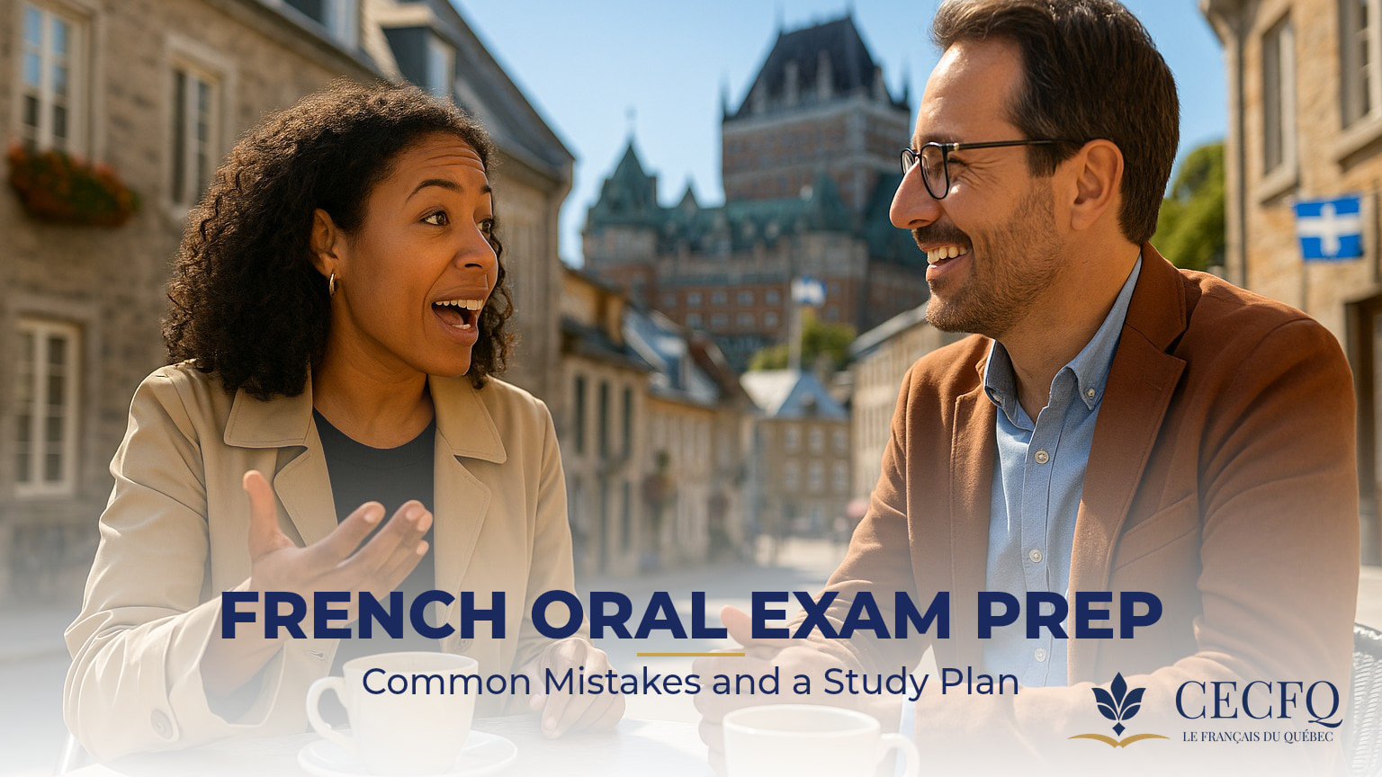 French oral exam preparation — two adults practising French conversation in Quebec City
