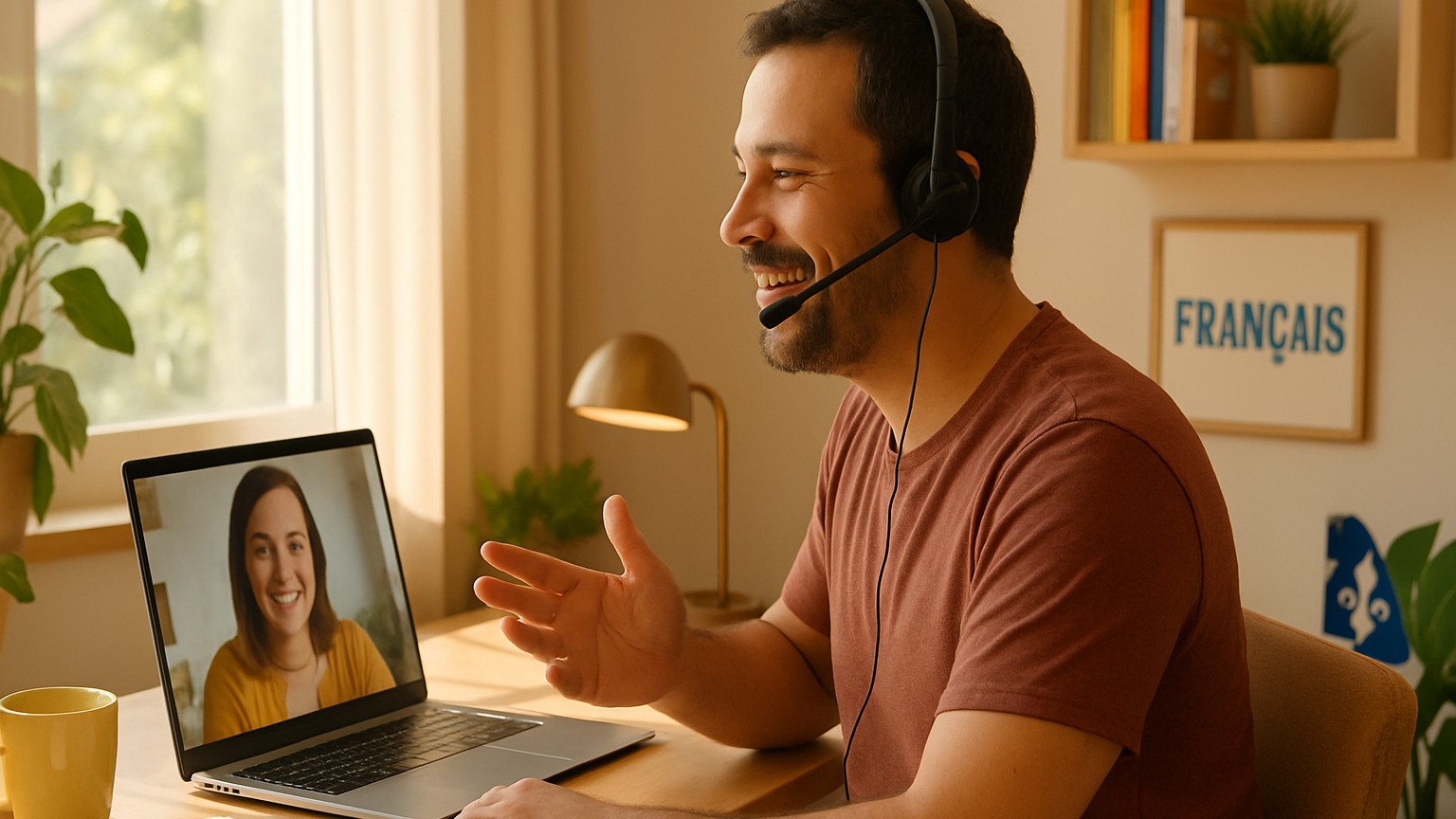Adult learner in an online French speaking practice session with a headset at home