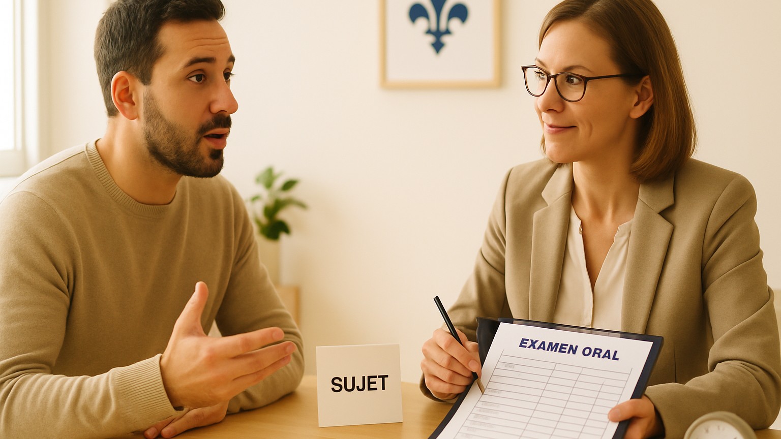 Candidate in a mock French oral exam with an examiner holding an Examen oral sheet