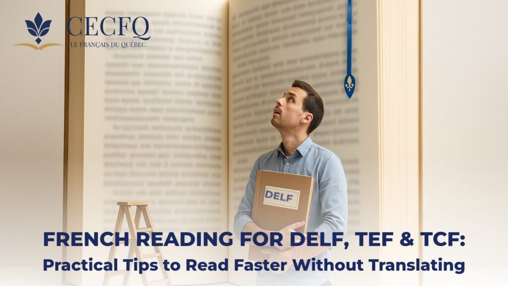 Adult learner facing a giant open book with a DELF exam folder - French reading comprehension for DELF, TEF and TCF