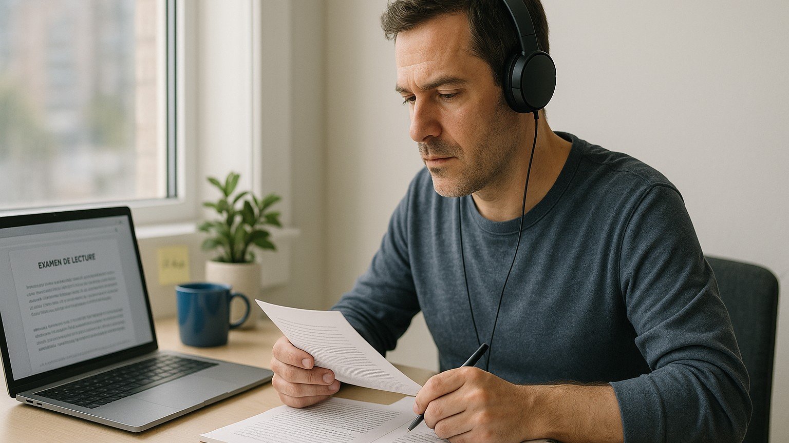 Adult learner in Quebec preparing for a French reading exam at home, reviewing a practice text on screen and on paper