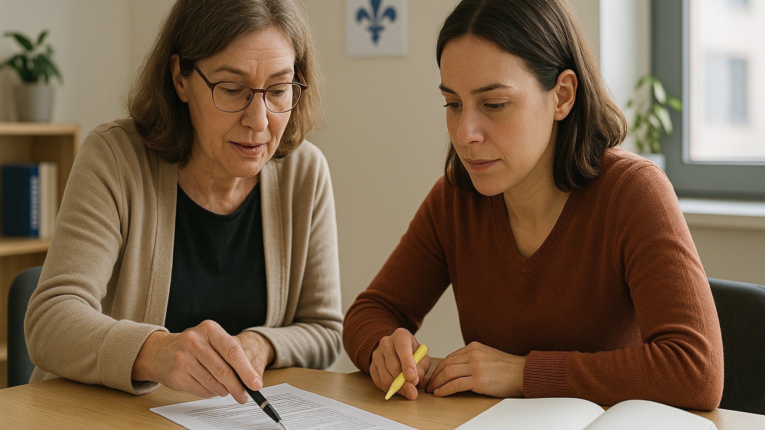 French teacher and an adult learner reviewing a reading passage together during a one-to-one French lesson