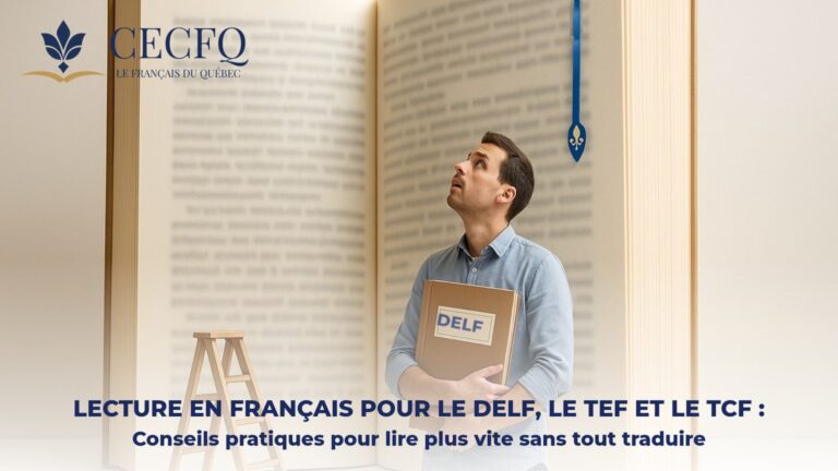 Apprenant adulte devant un livre géant avec un cahier DELF - compréhension de lecture en français pour le DELF, le TEF et le TCF