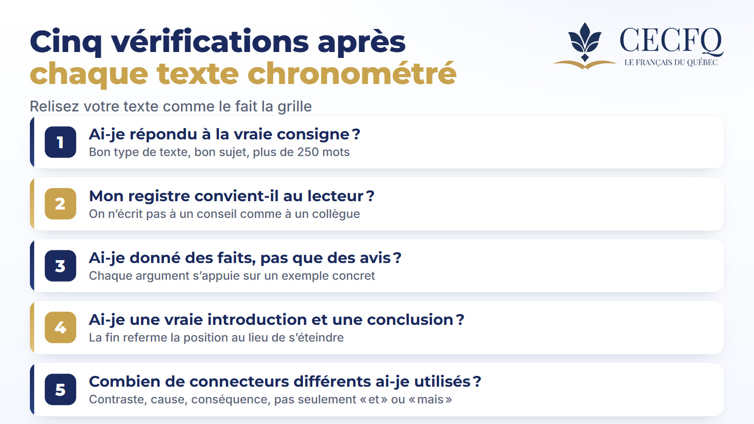 Cinq vérifications à faire après chaque production écrite DELF B2 chronométrée