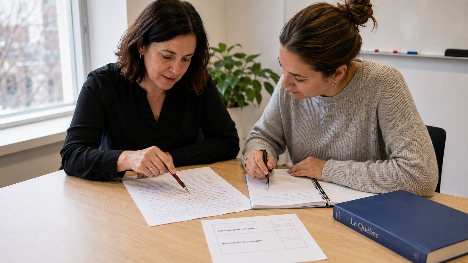 Enseignante montrant un paragraphe dans une production écrite corrigée pendant que l'apprenante prend des notes