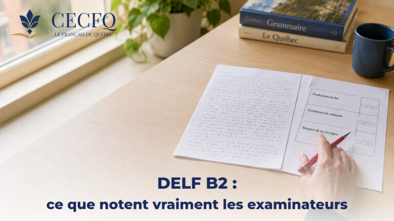 Examinateur corrigeant une production écrite DELF B2 à côté de la grille officielle d'évaluation