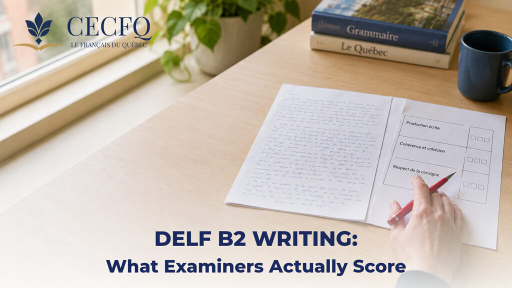 Examiner marking a handwritten DELF B2 essay beside the official production écrite assessment grid