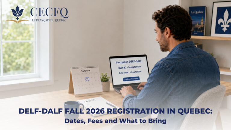 Adult learner registering online for the fall 2026 DELF-DALF exam session in Longueuil, Quebec