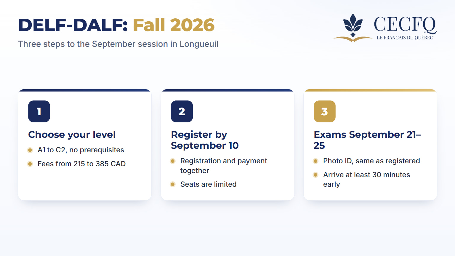 Three steps to the September DELF-DALF session: choose your level, register by September 10, exams September 21 to 25