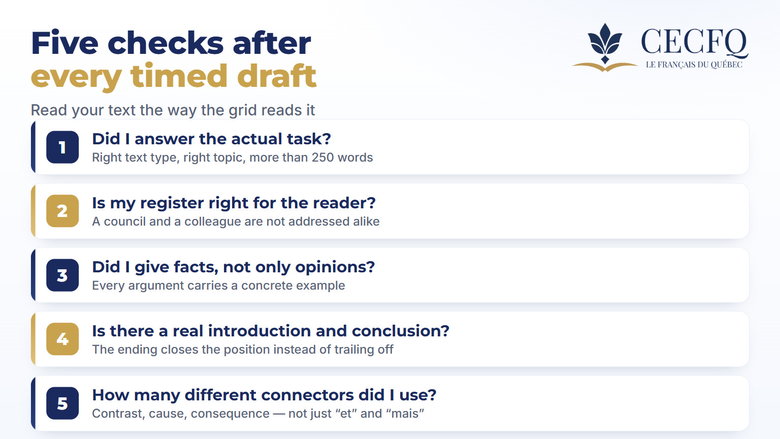 Five self-check questions to ask after every timed DELF B2 writing practice