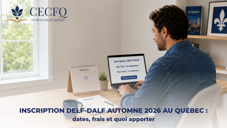 Adulte s'inscrivant en ligne à la séance DELF-DALF de l'automne 2026 à Longueuil, au Québec