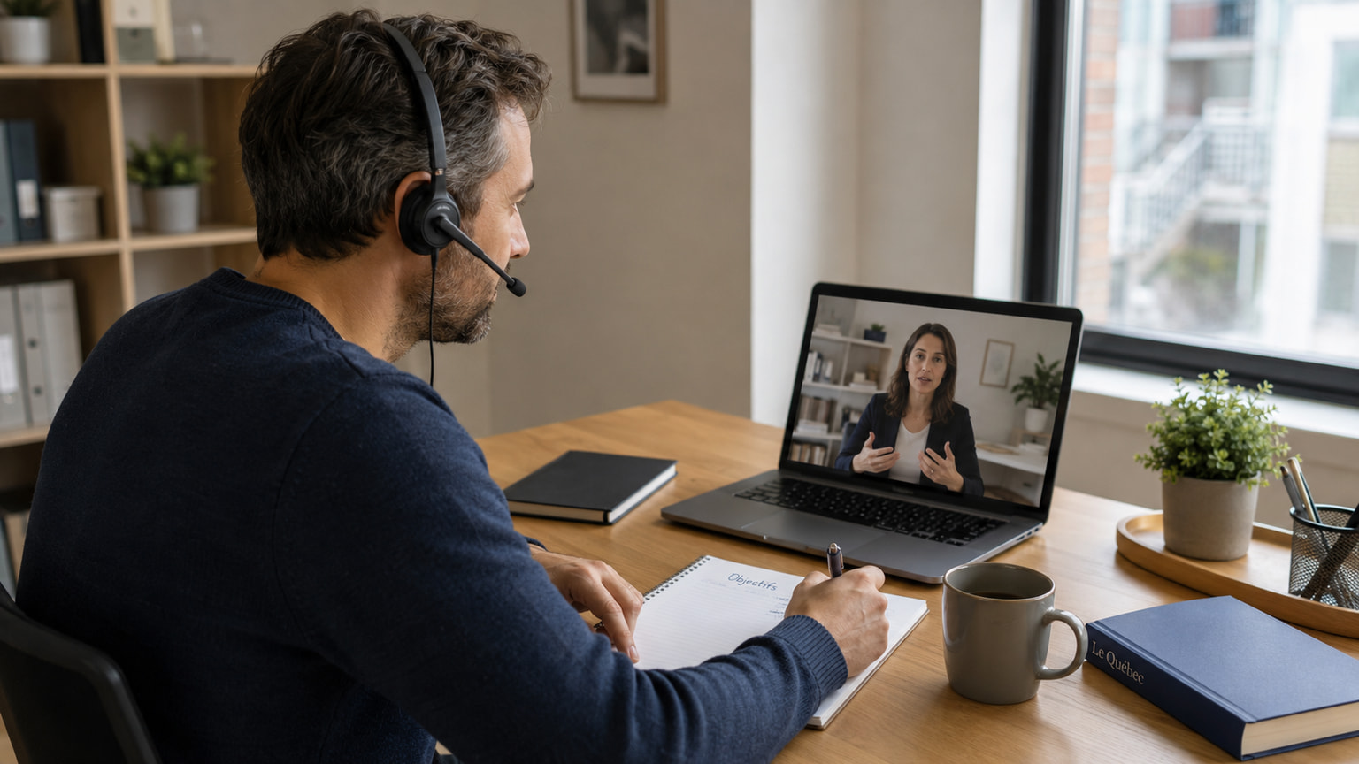 Adult learner in a headset taking notes during a live online French lesson with a teacher on screen