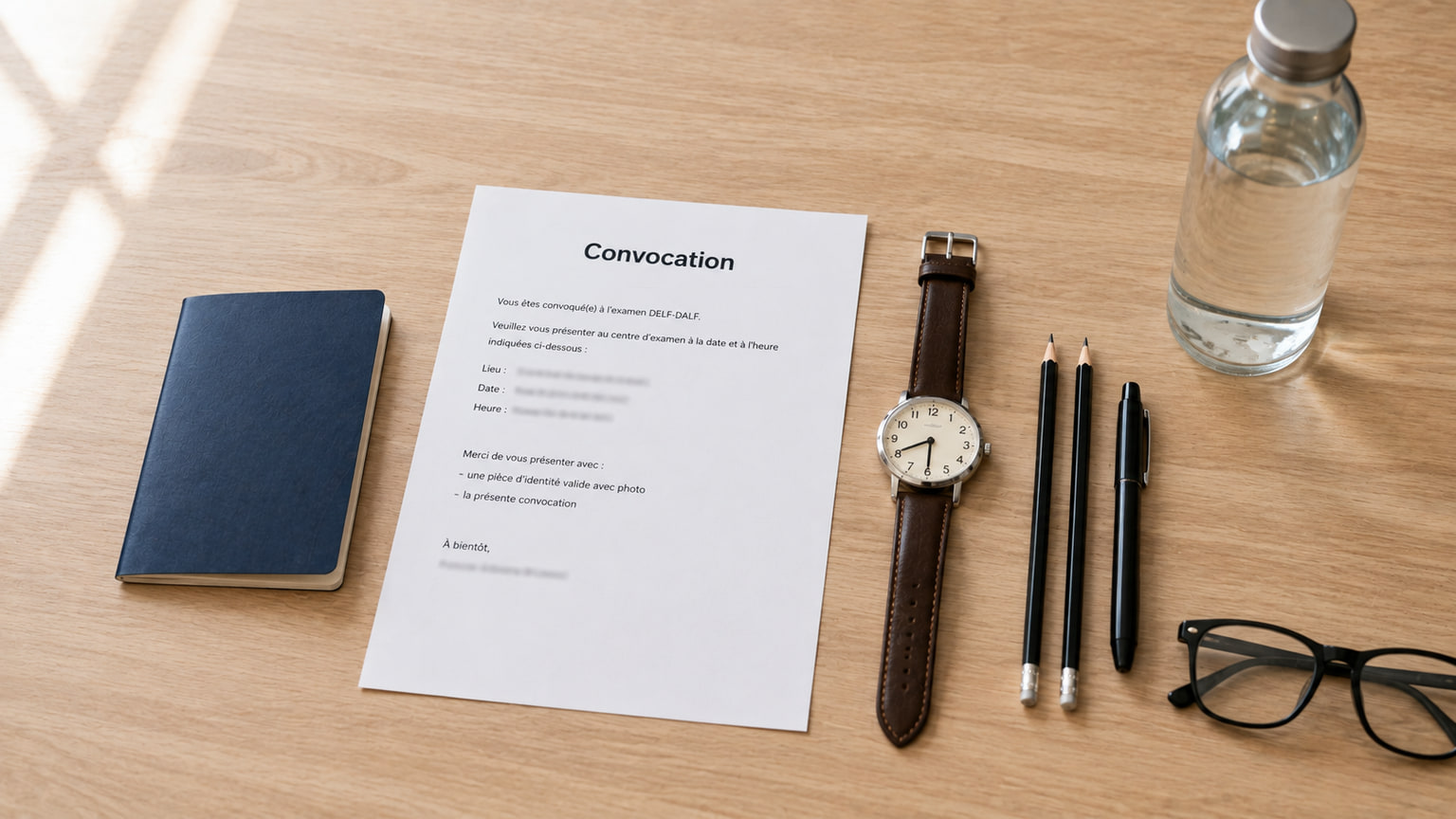 Passeport, convocation, montre, stylos et eau préparés pour le jour de l'examen DELF-DALF