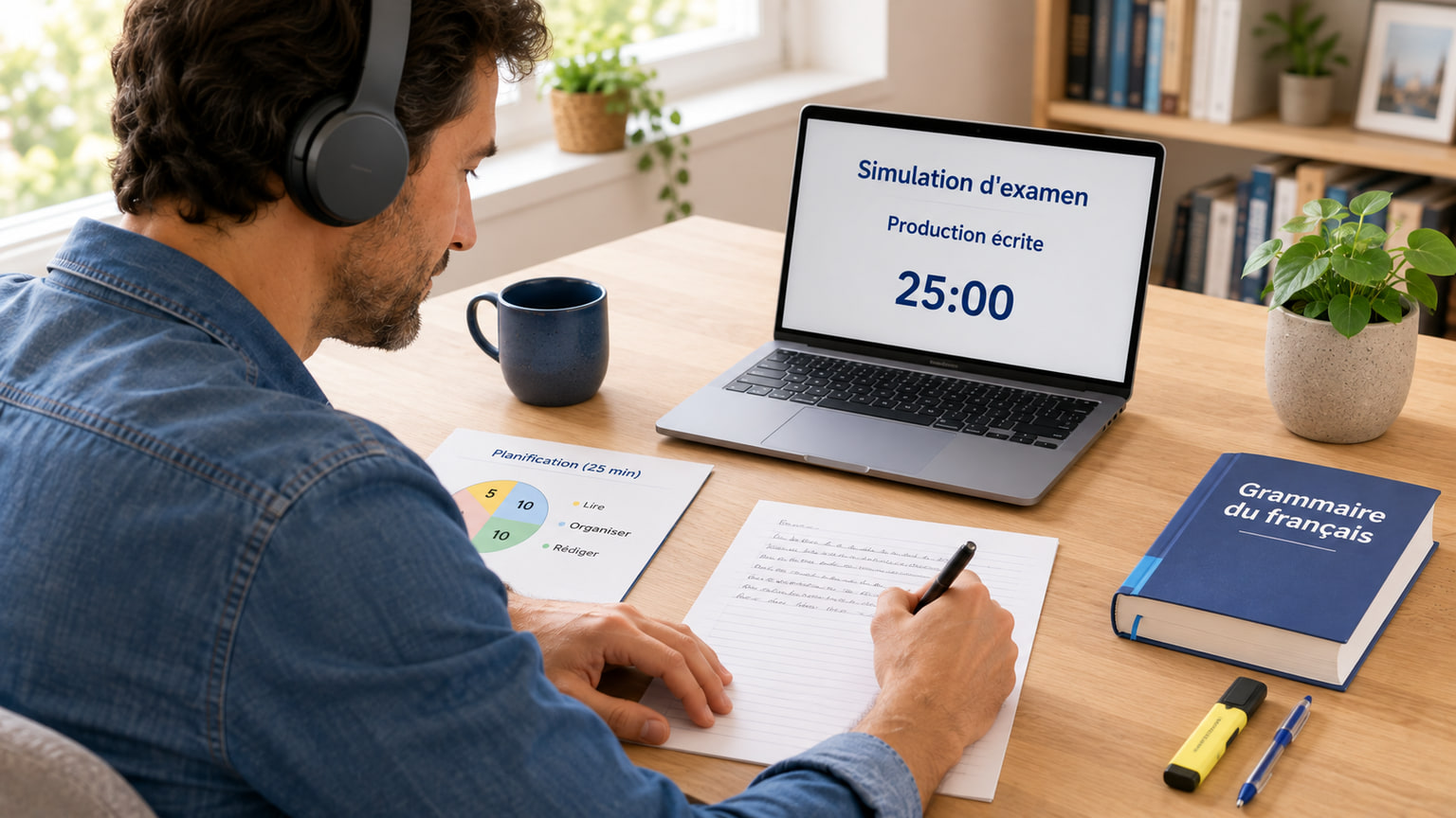Adulte en simulation d'examen chronométrée avec un compte à rebours affiché à l'écran