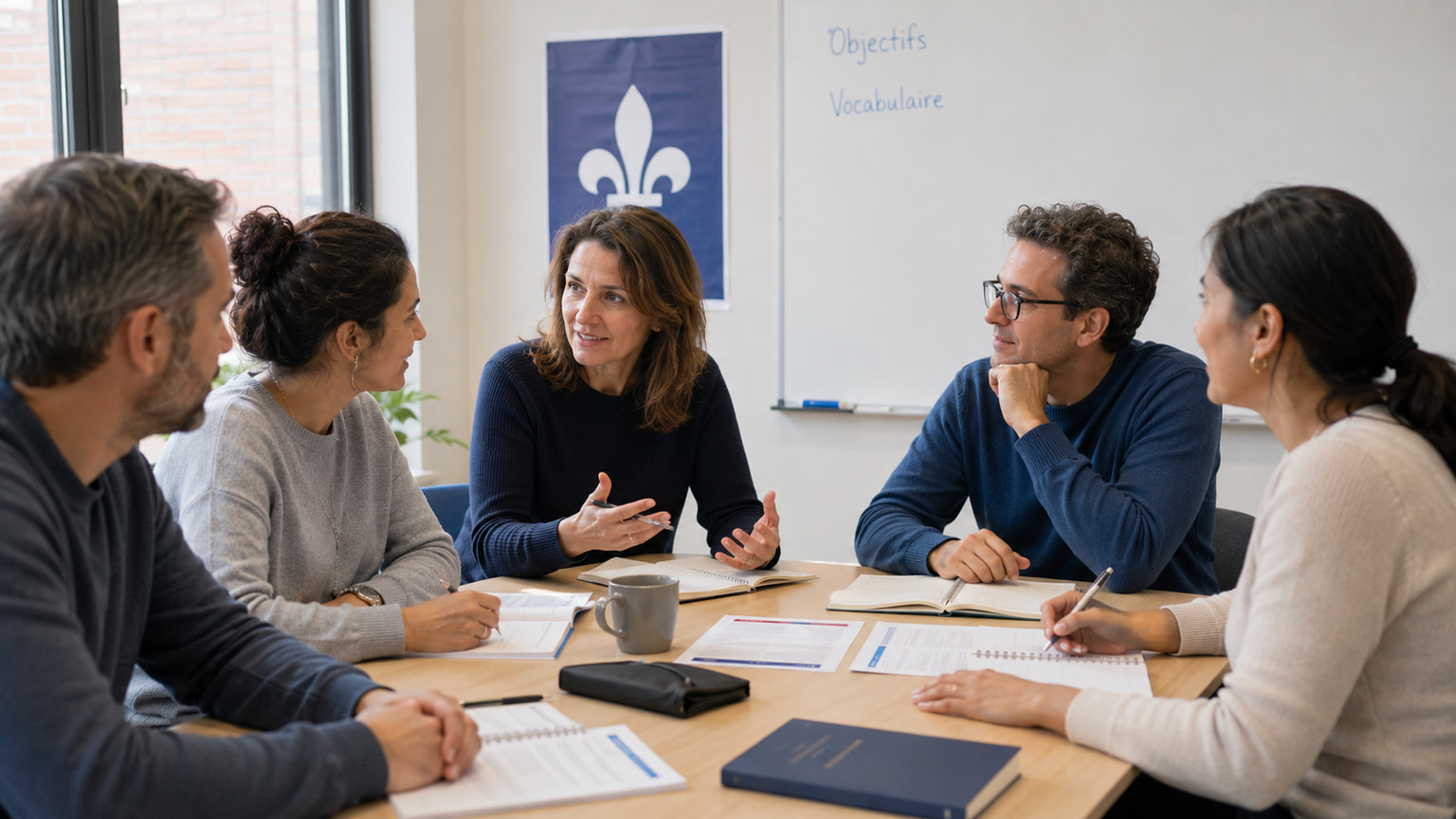 Teacher and four adult learners discussing French exam preparation around a table in a Quebec classroom