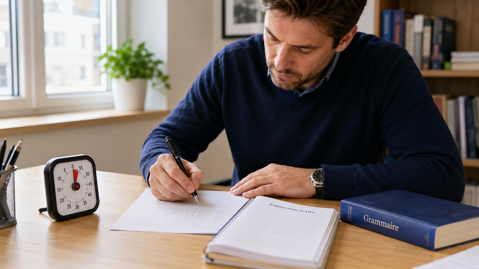 Adult learner writing a timed DELF B2 essay by hand next to a countdown timer and a French grammar book