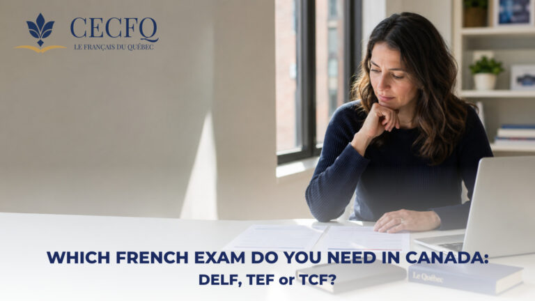 Adult learner comparing French exam requirements at a desk before choosing between DELF, TEF Canada and TCF Canada