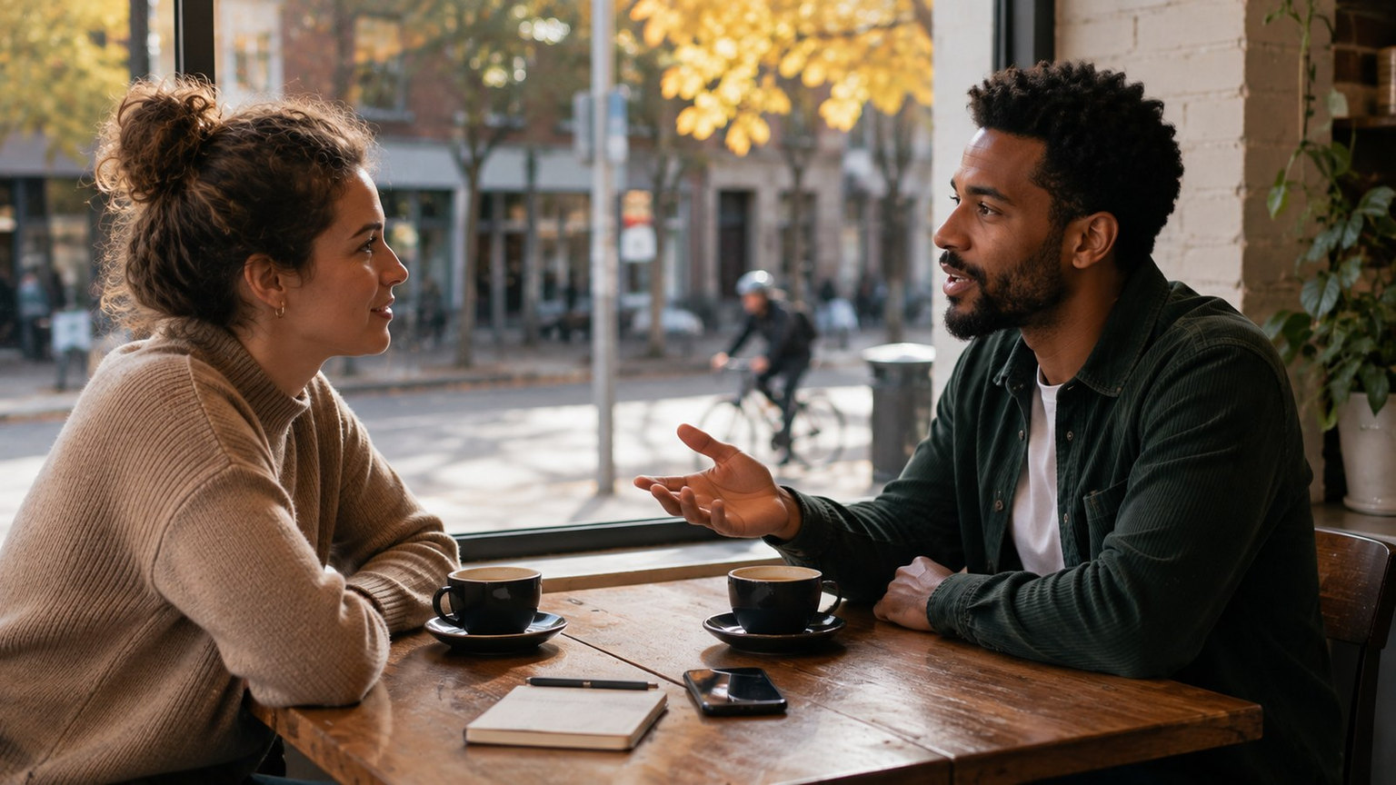 Two adults practising French conversation in a Montreal cafe