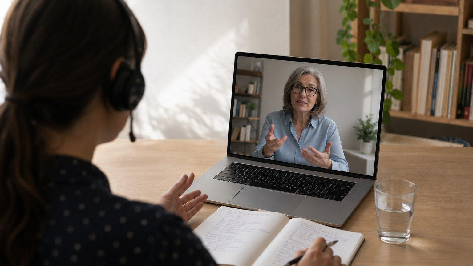 Learner in an online French lesson with a teacher on screen