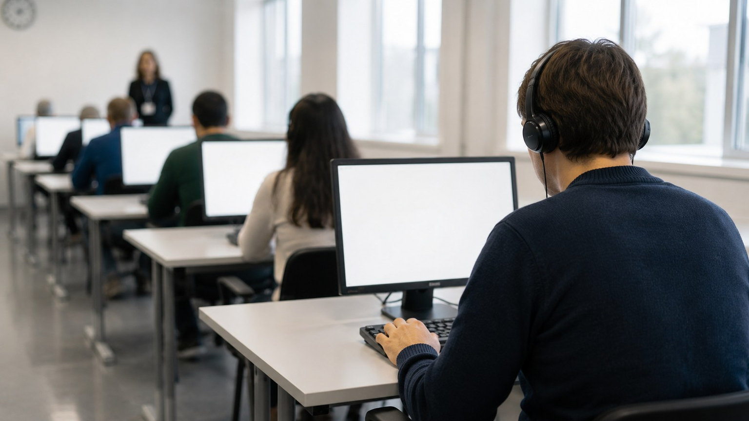 Candidats passant un examen de français sur ordinateur dans une salle silencieuse