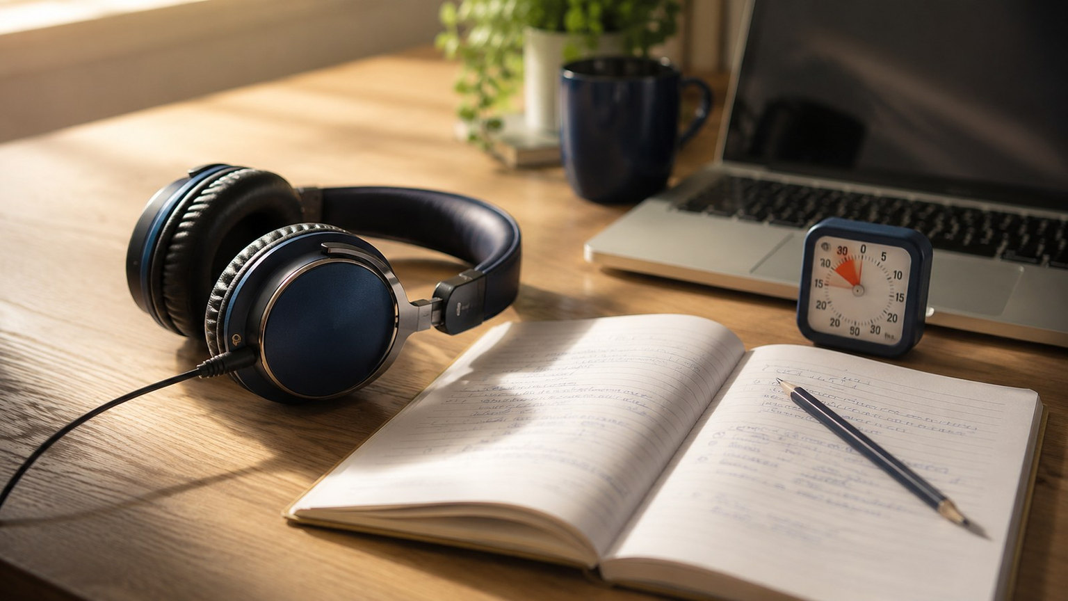 Headphones, notebook and timer on a desk set up for TEF Canada listening practice