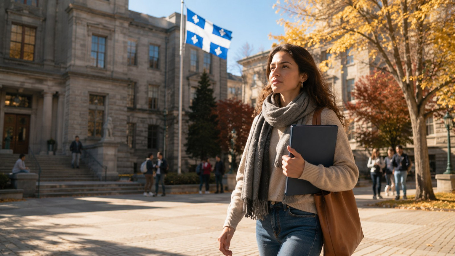 Student walking across a Quebec university campus in autumn