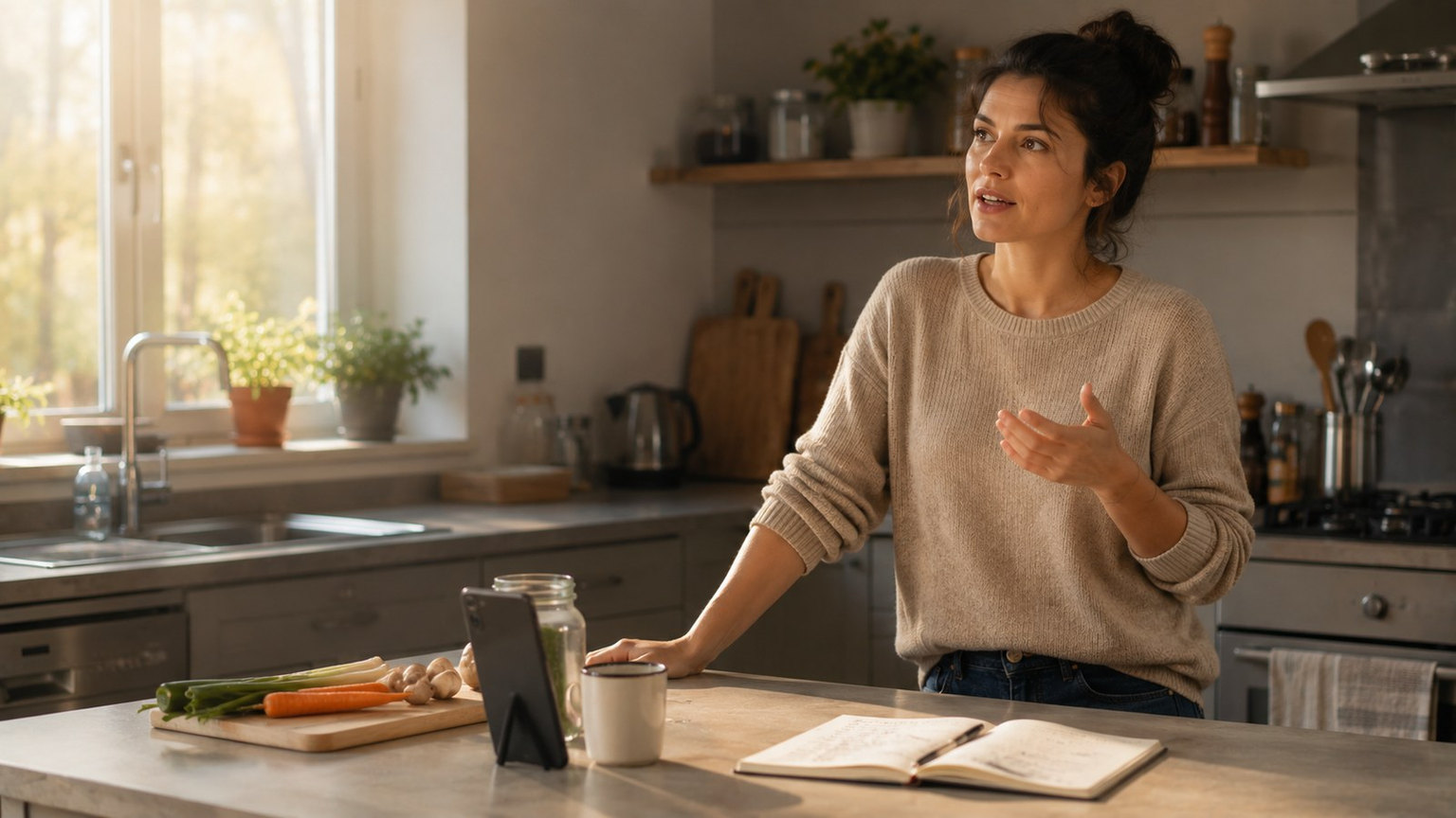 Apprenante s’exerçant à parler français à voix haute chez elle en s’enregistrant