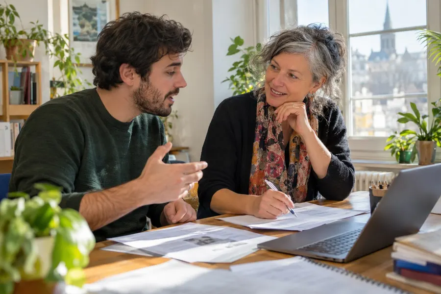 Séance de préparation au TEF : un enseignant de français et un apprenant adulte travaillent sur des sujets d’entraînement