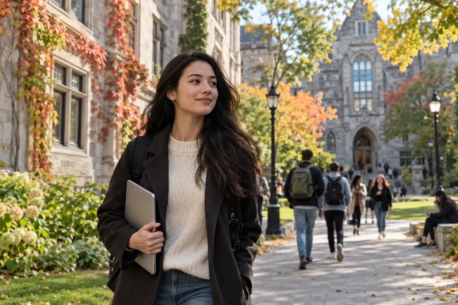 Étudiant international traversant un campus universitaire à Montréal en automne