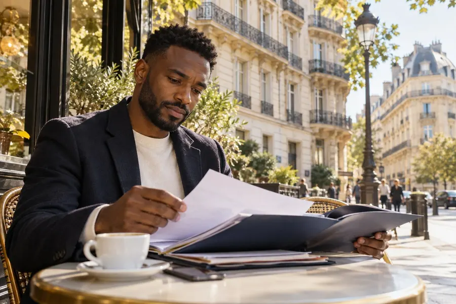 Homme consultant des documents de résidence à une terrasse de café à Paris
