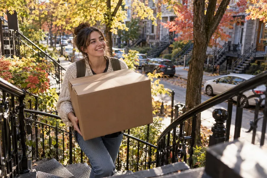 Nouvel arrivant montant un carton de déménagement par l’escalier extérieur d’un appartement du Plateau, à Montréal