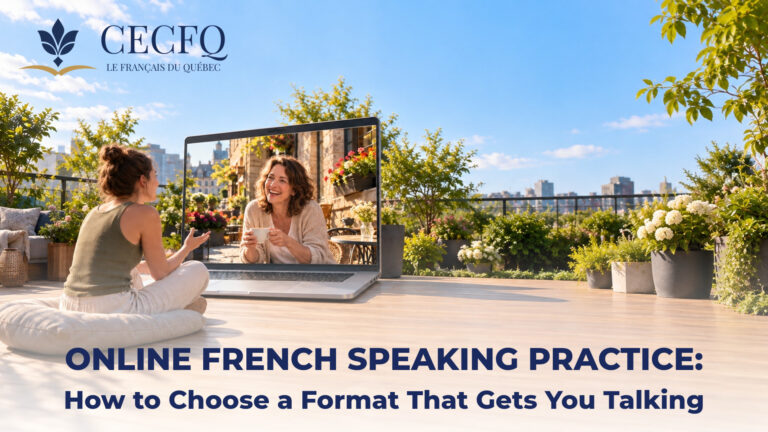 Woman on a sunny Montreal balcony talking to a tutor in an Old Quebec café through a giant laptop screen, a metaphor for online French speaking practice