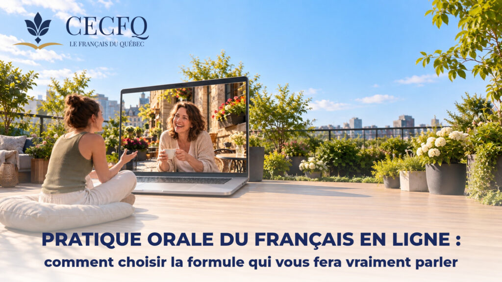 Femme sur un balcon ensoleillé de Montréal qui discute avec une tutrice dans un café du Vieux-Québec à travers un écran d’ordinateur géant, métaphore de la pratique orale du français en ligne