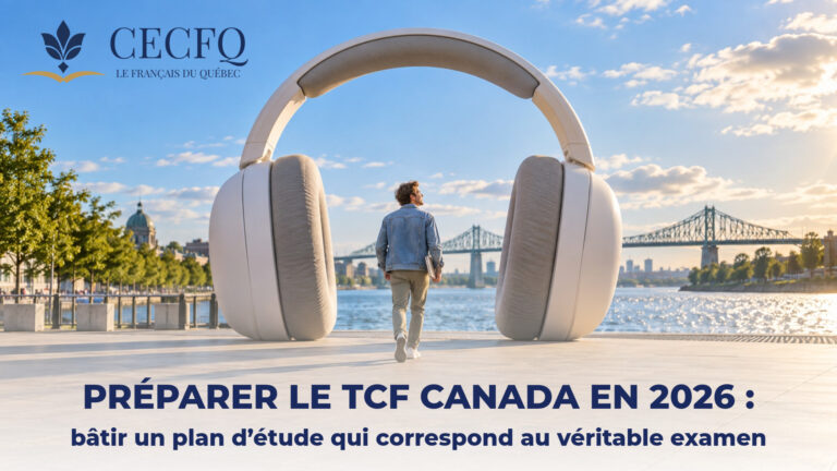 Jeune homme passant sous un casque d’écoute géant dans le Vieux-Port de Montréal, métaphore de la compréhension orale au TCF Canada