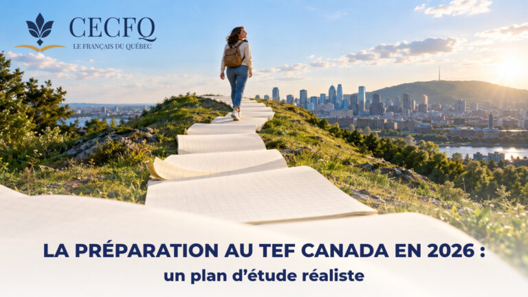Femme marchant sur un chemin de pages de cahier géantes vers Montréal, métaphore d’un plan d’étude pour le TEF Canada