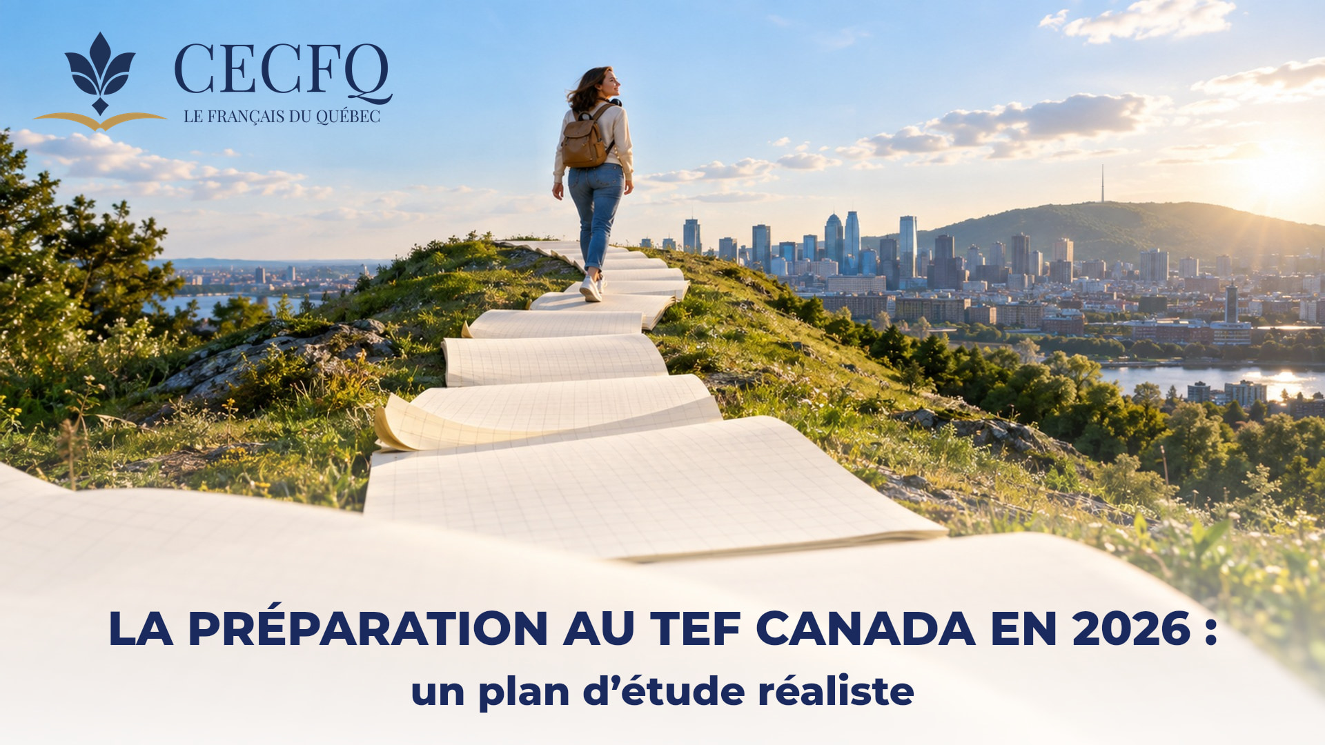 Femme marchant sur un chemin de pages de cahier géantes vers Montréal, métaphore d’un plan d’étude pour le TEF Canada