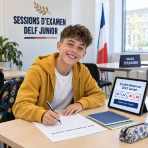 Adolescent souriant remplissant le formulaire d’inscription à la session d’examen DELF Junior, niveaux A1 à B2, à Longueuil