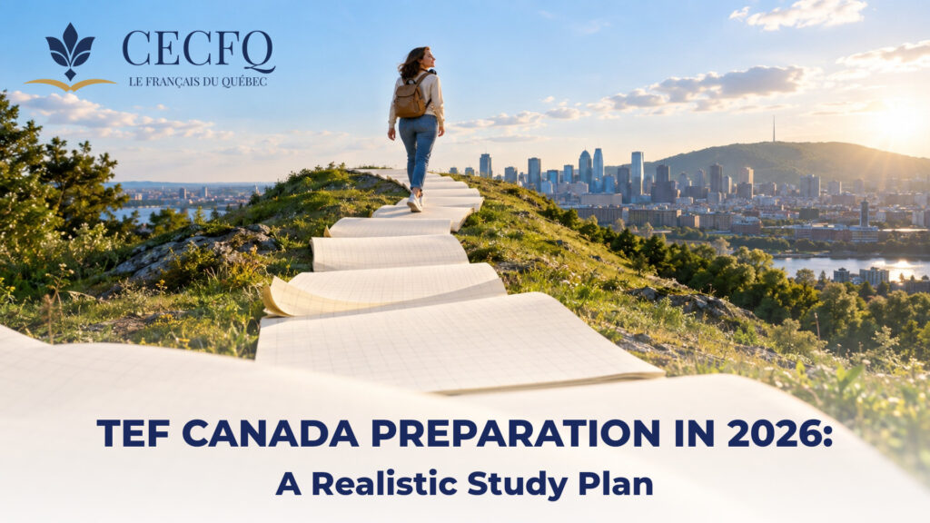 Woman walking up a path of giant notebook pages toward the Montreal skyline, a metaphor for a TEF Canada study plan