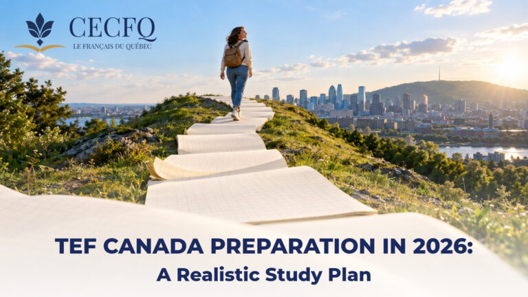Woman walking up a path of giant notebook pages toward the Montreal skyline, a metaphor for a TEF Canada study plan