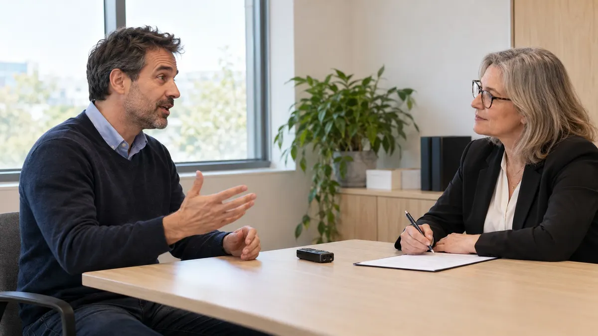 Candidat adulte en conversation avec un examinateur pendant l’épreuve d’expression orale du TEF