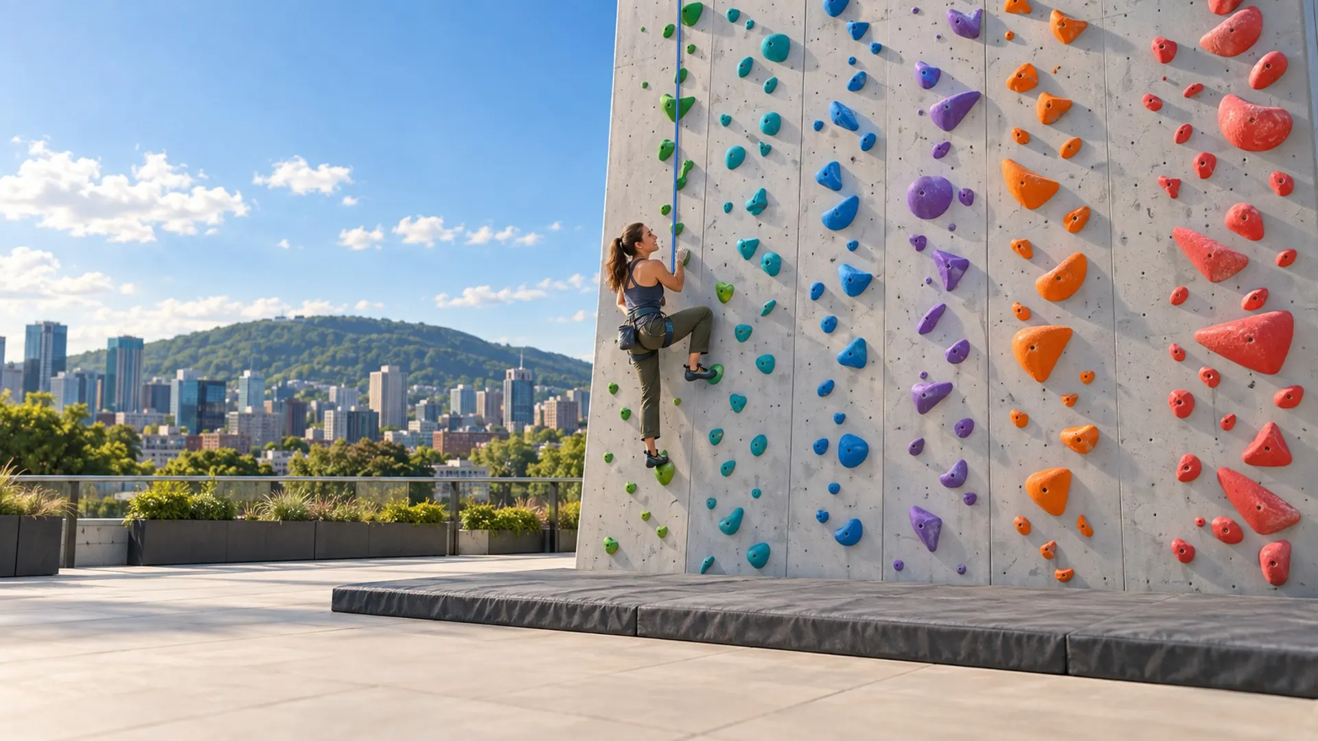 Woman on a climbing wall with six colour-coded routes in Montreal, a metaphor for choosing your French level