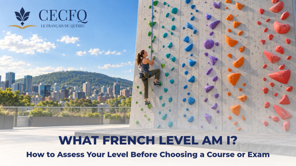 Woman on an outdoor climbing wall with six colour-coded routes in Montreal, a metaphor for choosing your French level