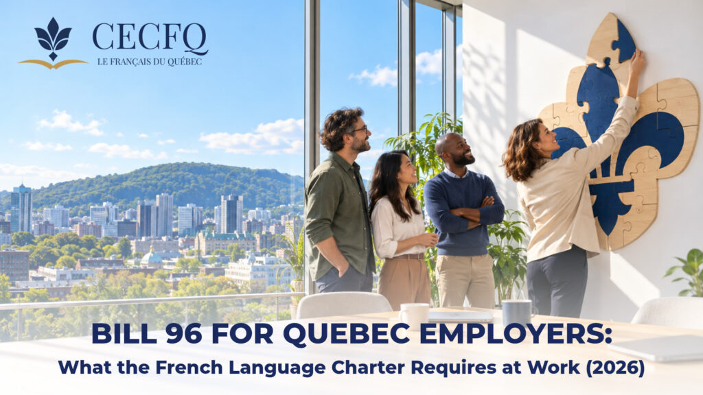 Team assembling a giant fleur-de-lis puzzle in a Montreal office — Bill 96 obligations for employers