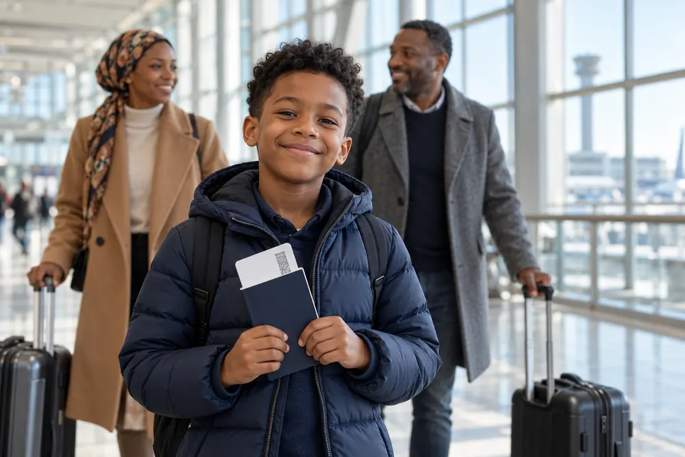 Garçon souriant qui tient un passeport et une carte d’embarquement à l’aéroport, ses parents et leurs valises derrière lui, prêts à immigrer au Canada