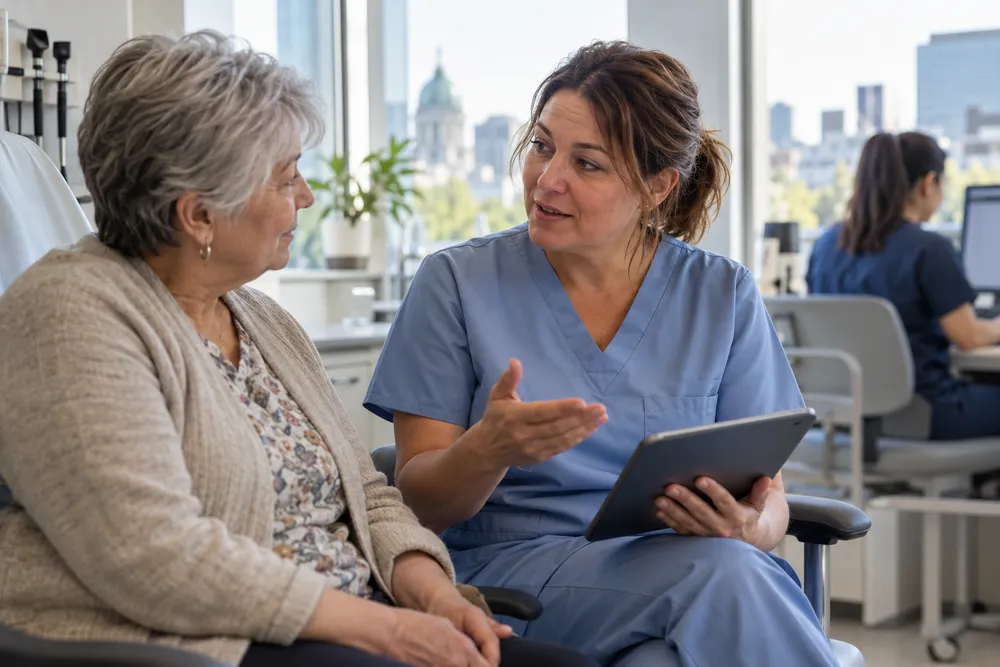Infirmière en uniforme bleu qui explique quelque chose à un patient âgé avec une tablette dans une clinique lumineuse