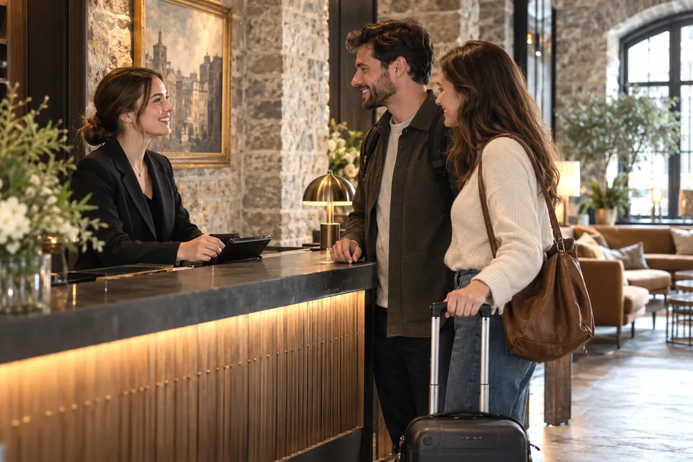 Réceptionniste qui accueille un couple avec ses valises au comptoir d’un petit hôtel aux murs de pierre