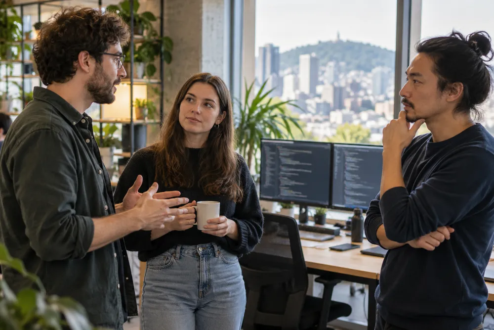 Trois membres d’une équipe techno qui discutent lors d’une réunion debout près d’un bureau à deux écrans