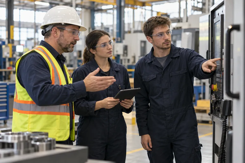 Superviseur avec casque et dossard qui montre le panneau de commande d’une machine à deux techniciens dans une usine