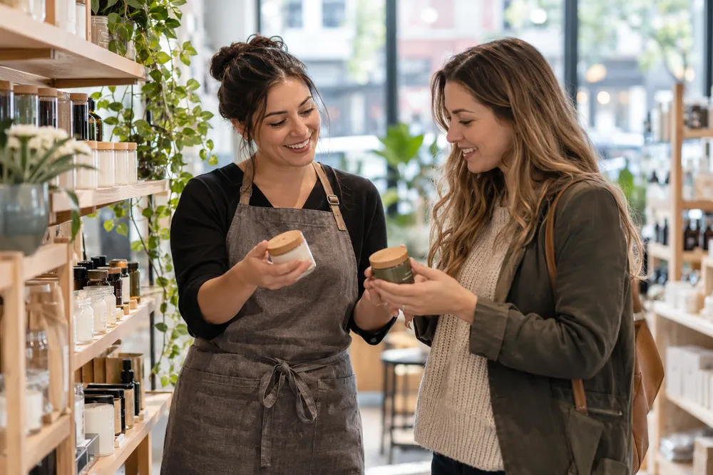 Vendeuse en tablier qui montre deux produits de soin à une cliente dans un magasin lumineux
